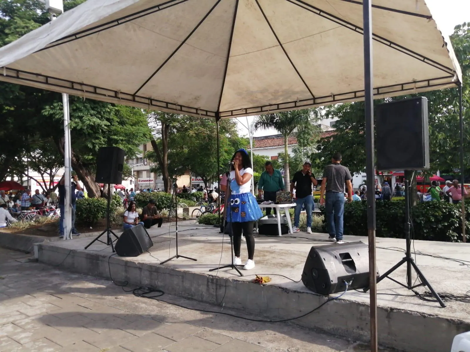 Presentación artística con micrófono bajo una carpa en un parque, durante una jornada cultural comunitaria.