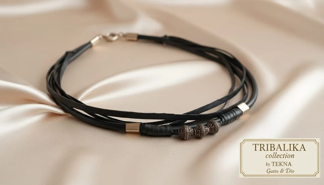Collar de la colección Tribalika by TEKNA: tiras de caucho reciclado con cuentas metálicas, fotografiado sobre tela satinada.