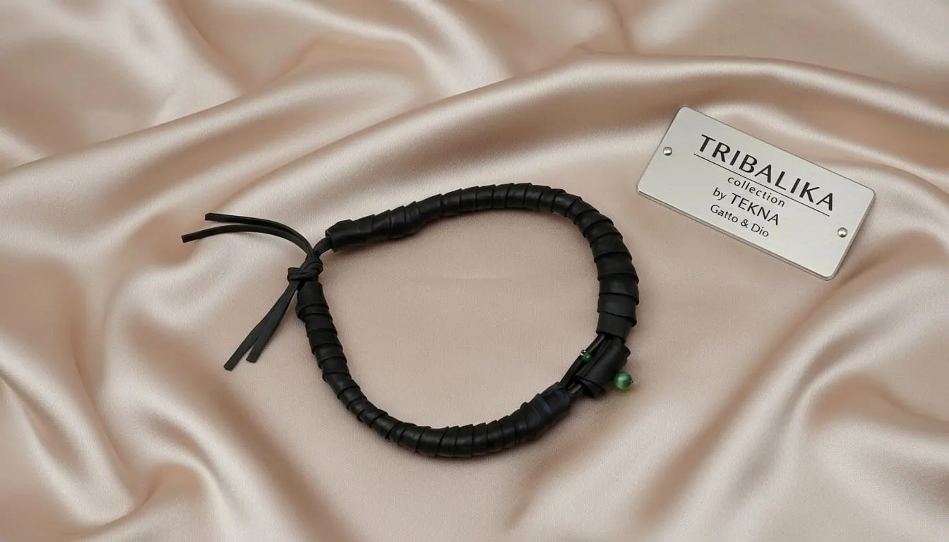 Collar Tribalika de múltiples hilos de caucho negro con cuentas turquesa y bronce, junto a la tarjeta de la colección sobre fondo satinado.
