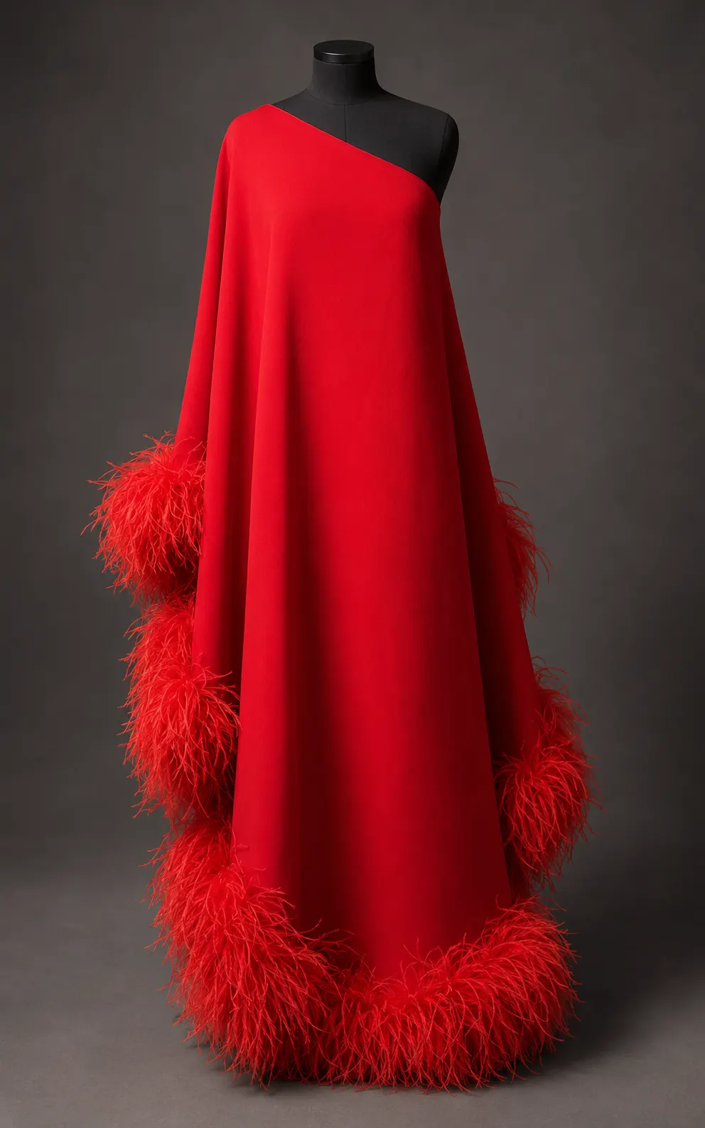 Vestido largo rojo de un solo hombro con remates de plumas de avestruz, exhibido sobre maniquí de sastre.