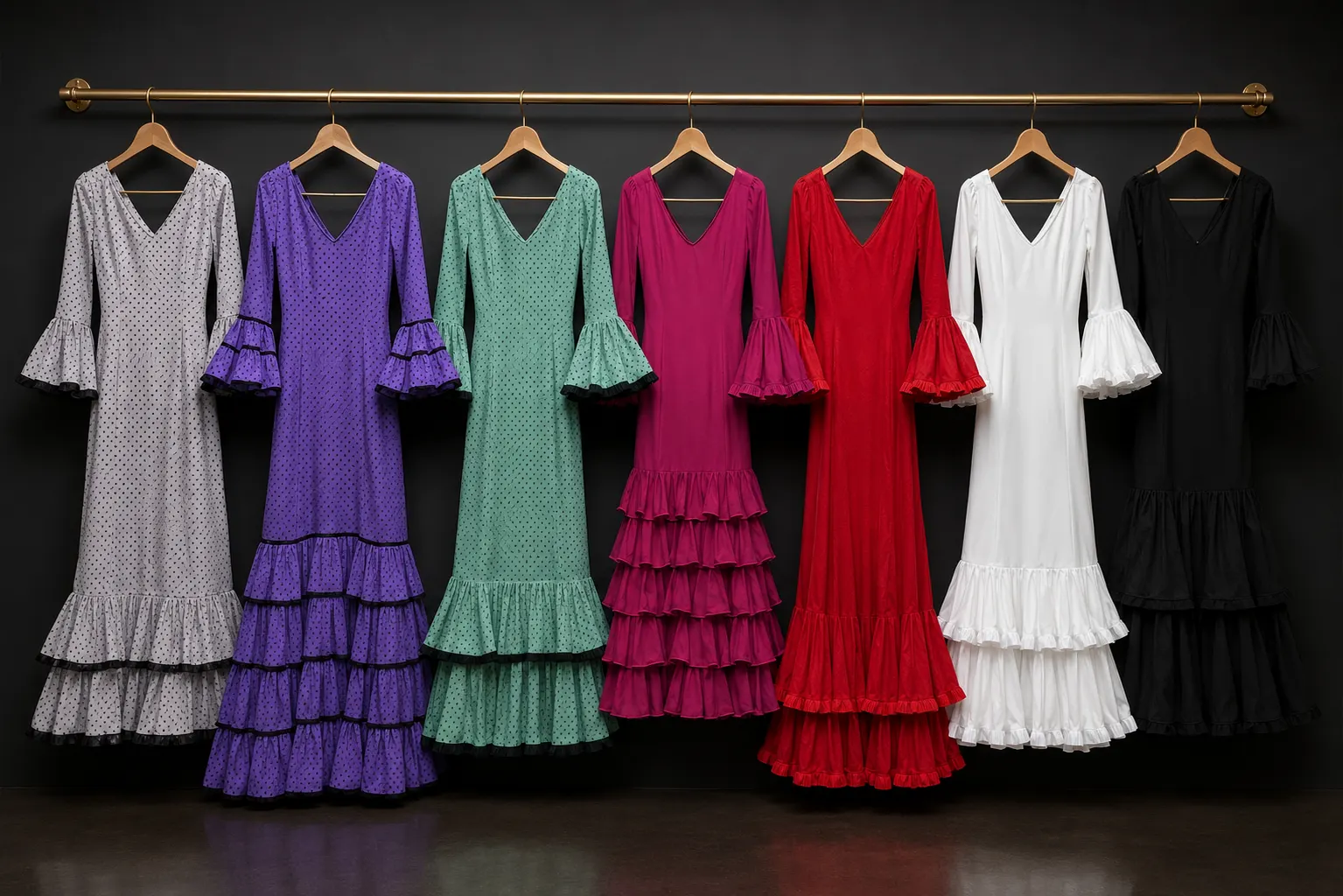 Colección de siete vestidos flamencos con volantes en distintos colores, colgados en un perchero dorado sobre fondo oscuro.