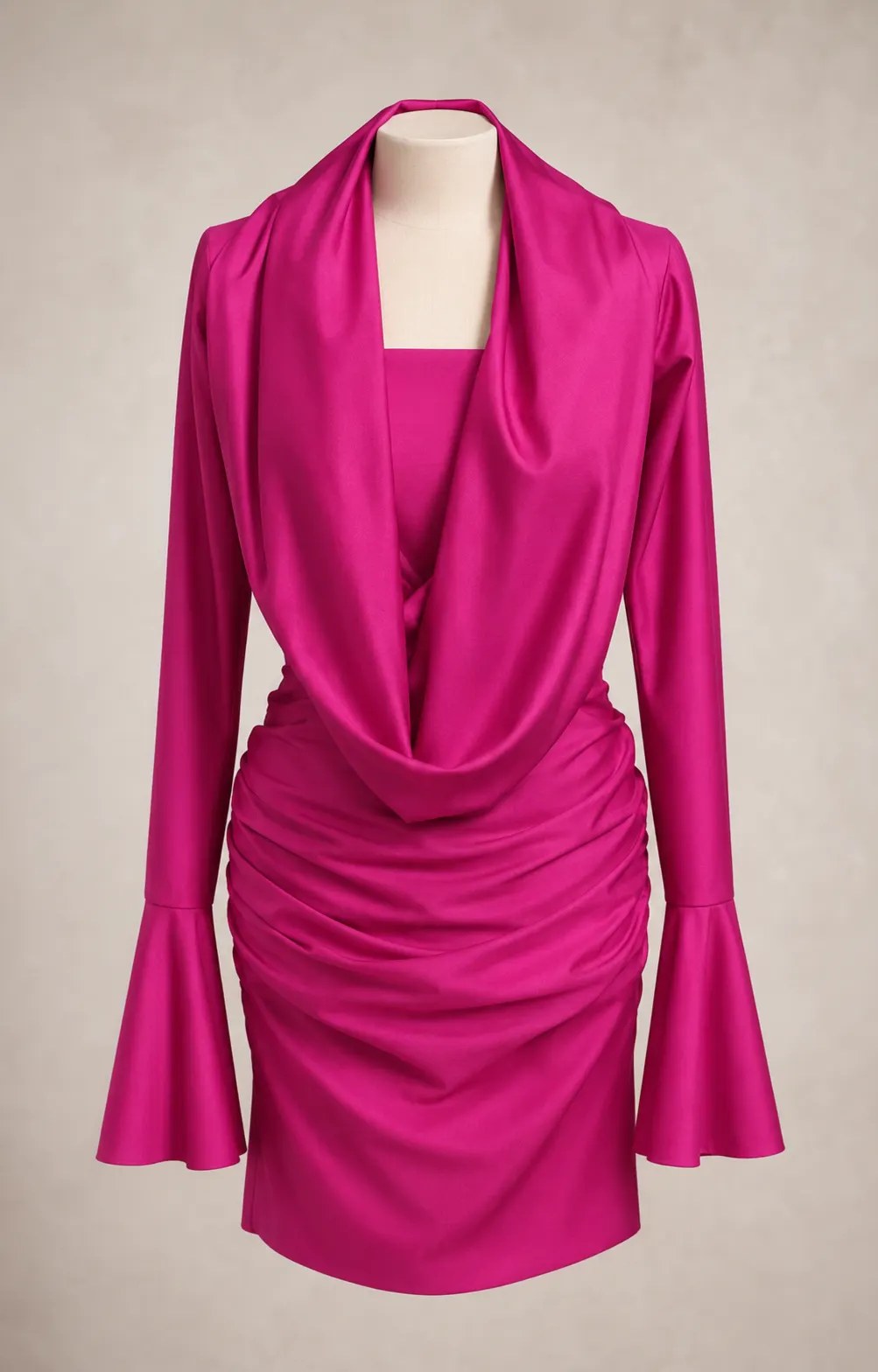 Vestido corto fucsia con escote drapeado en cascada, fruncido lateral y puños acampanados, sobre maniquí.