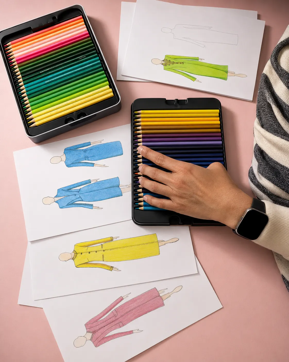 Proceso de ilustración de moda: bocetos de prendas coloreados a lápiz junto a estuches de lápices de colores.