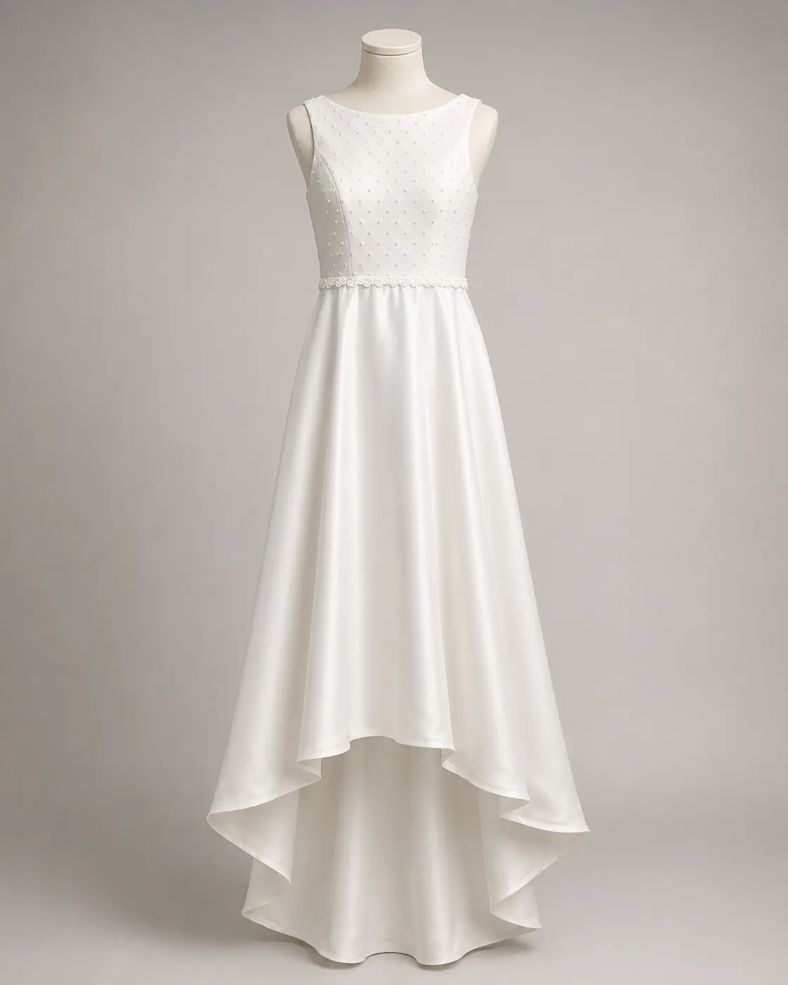 Vestido blanco con corpiño de plumetis y falda asimétrica de largo alto-bajo en satén, sobre maniquí.