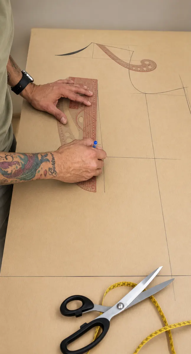 Manos del diseñador trazando un patrón sobre papel kraft con regla curva, tijeras de sastre y cinta métrica sobre la mesa de corte.