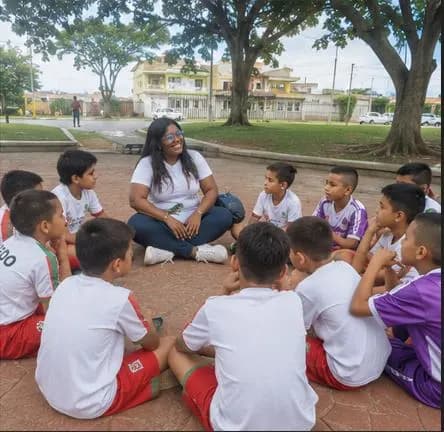Leidy Vanessa conversa sentada en círculo con un grupo de niños bajo los árboles de un parque