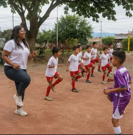 Leidy Vanessa dirige ejercicios de calentamiento junto a niños en uniforme deportivo en una cancha al aire libre