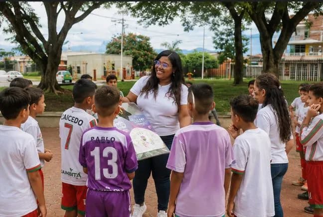 Leidy Vanessa, sonriente y al centro de un grupo de niños con camisetas deportivas, muestra un material ilustrado durante una actividad en un parque