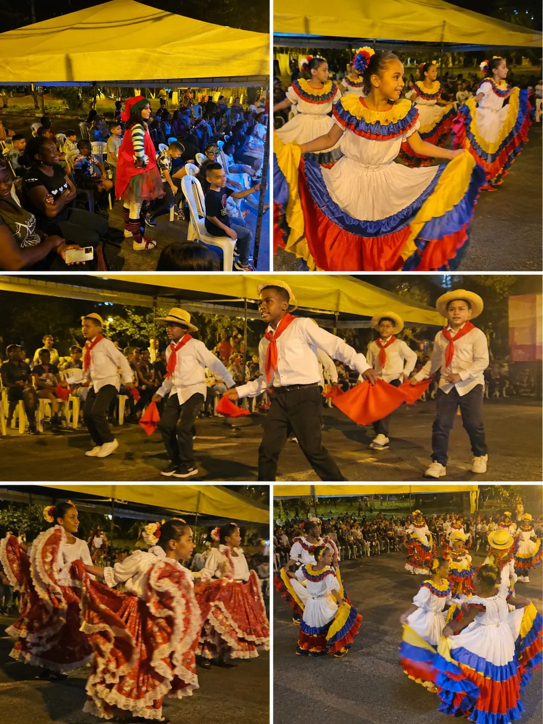 Collage de cinco registros de una velada de danza folclórica infantil bajo carpa: niñas con polleras tricolores y niños con sombreros de paja y pañuelos rojos.