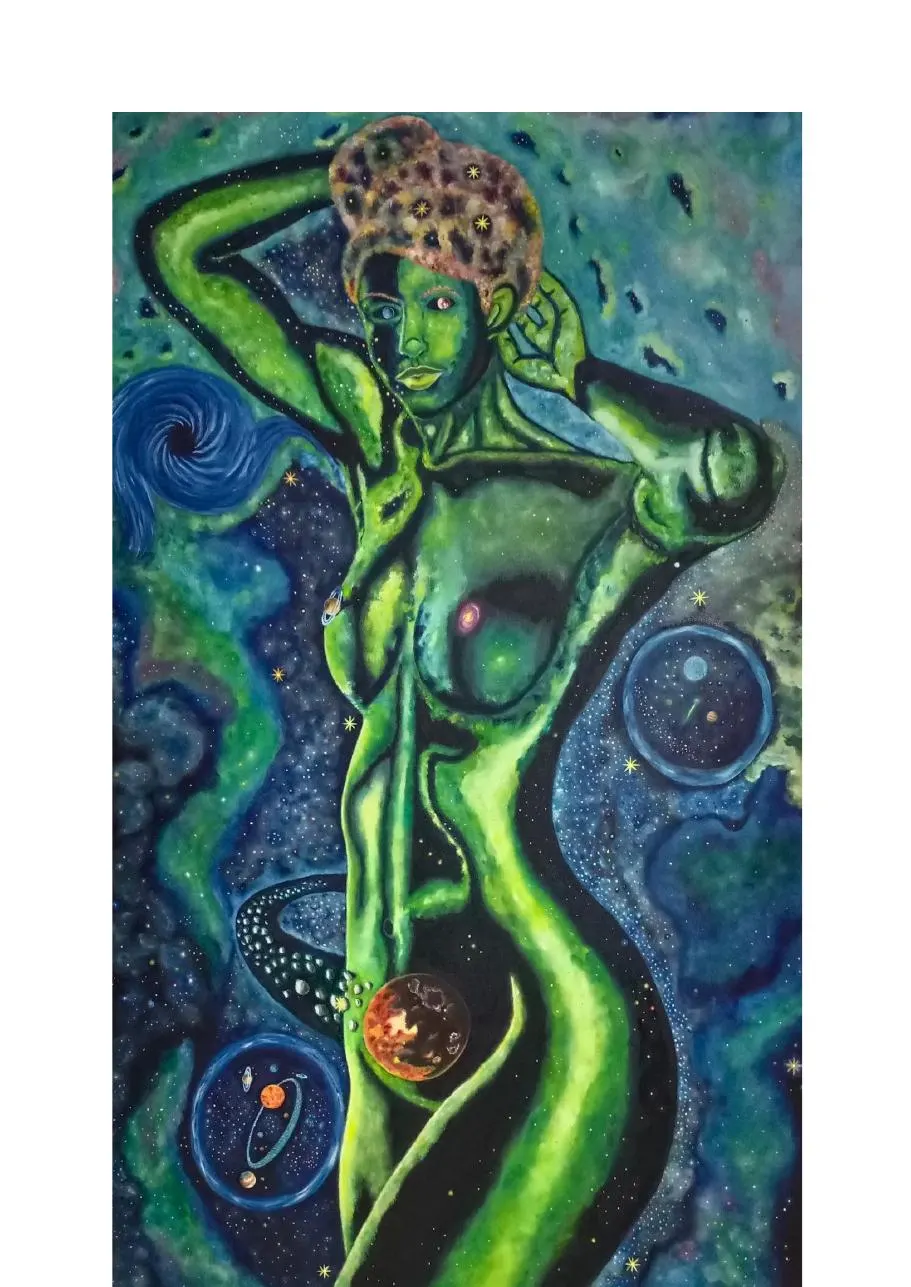 Óleo de una figura femenina verde de inspiración cósmica, con galaxias, anillos planetarios y esferas celestes integradas en su cuerpo.