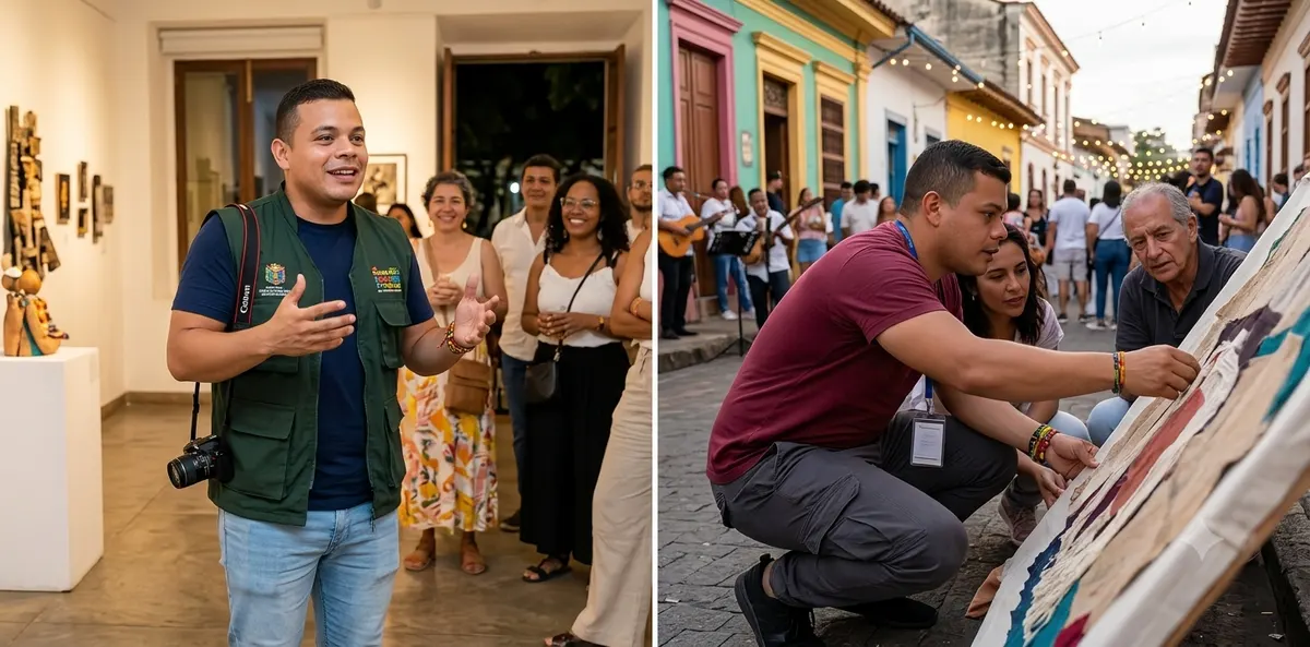 Víctor Hugo Tenorio en dos escenas de su labor cultural: guiando a un grupo de visitantes en una sala de exposición con chaleco institucional y cámara al hombro, y trabajando sobre una gran pieza textil junto a la comunidad en una calle colorida con músicos al fondo.